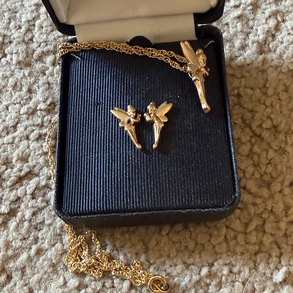 Gold Tinkerbell Pendant Necklace and Stud Earrings Set. 18KT Gold Plate.
